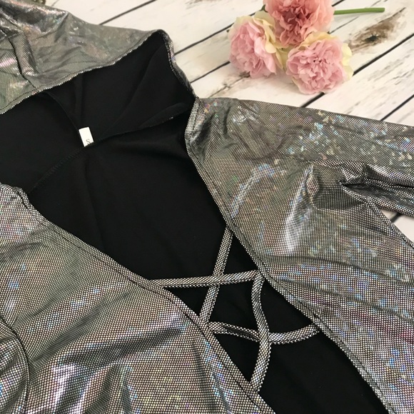 Silver Iridescent Hooded Deep V Holographic Laser Bodysuit Swimsuit - Picture 9 of 14